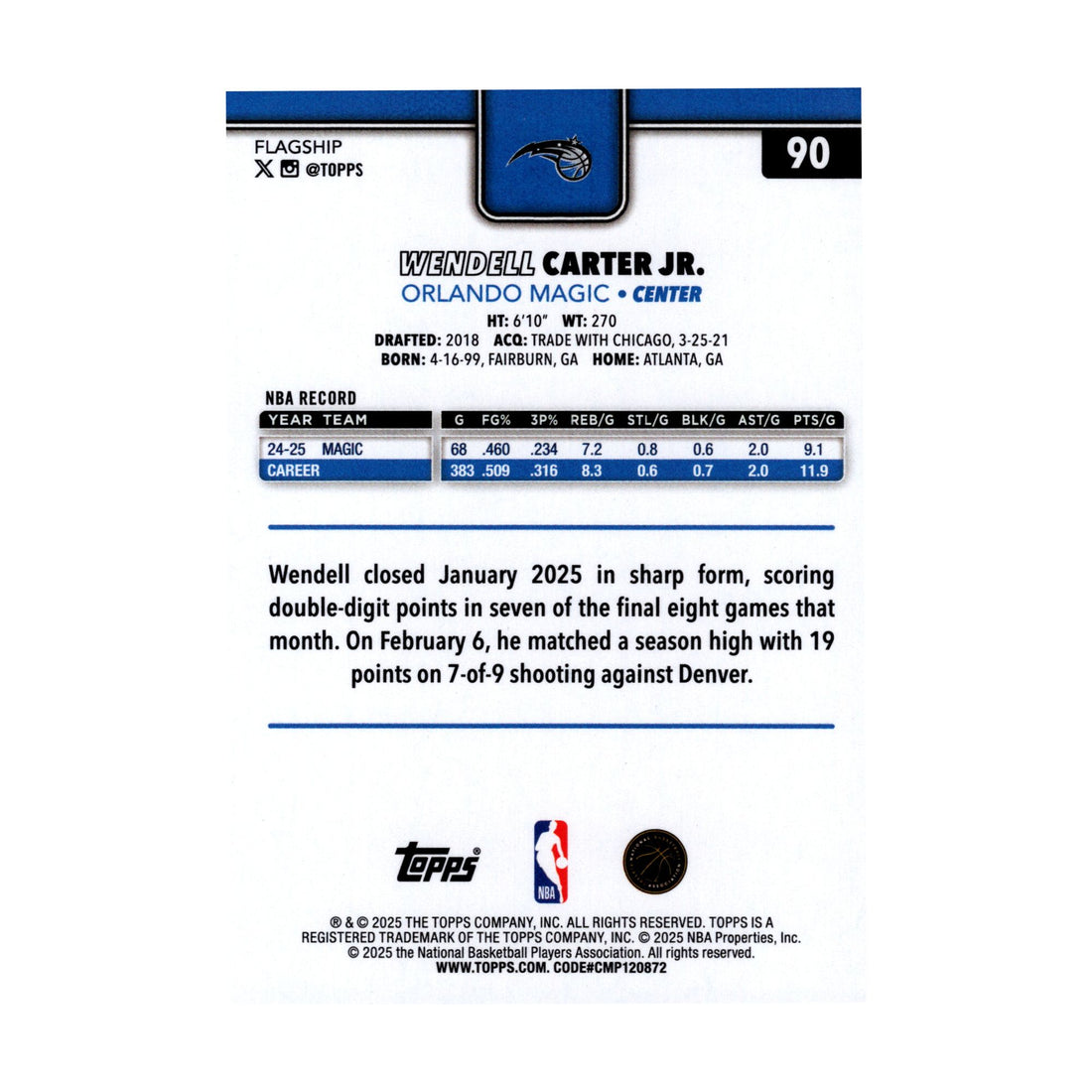 Wendell Carter Jr 2025-26 Topps Basketball #90 Magic NBA Basketball Card - front