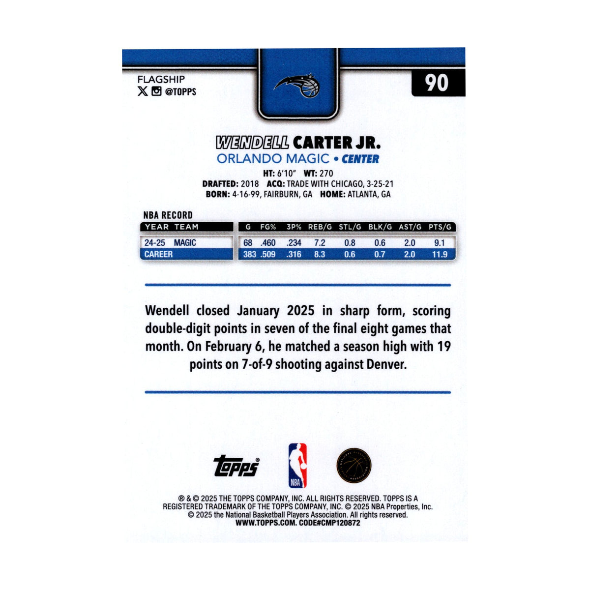 Wendell Carter Jr 2025-26 Topps Basketball #90 Magic NBA Basketball Card - back