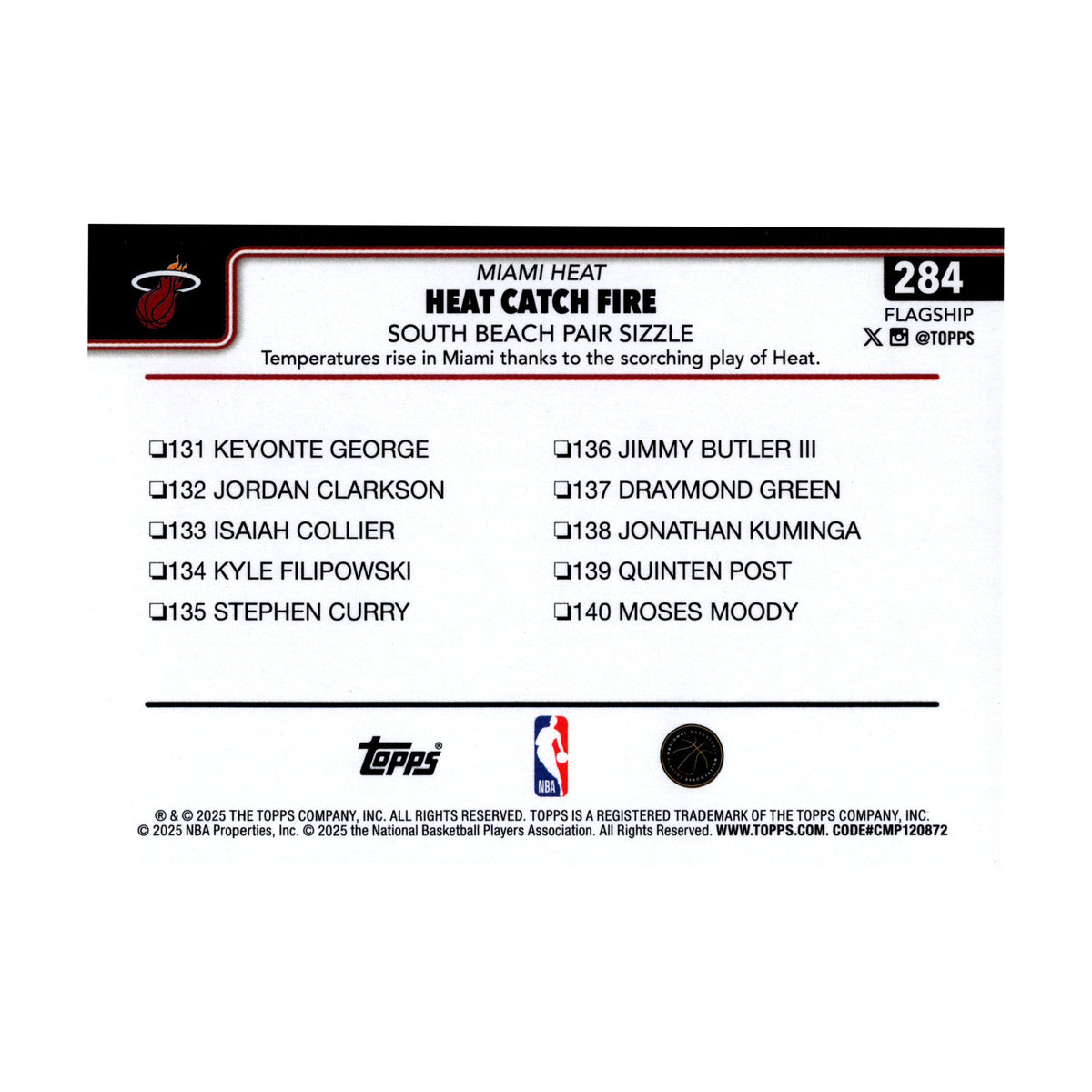 Miami Heat Catch Fire 2025-26 Topps Basketball #284 NBA Basketball Card - back