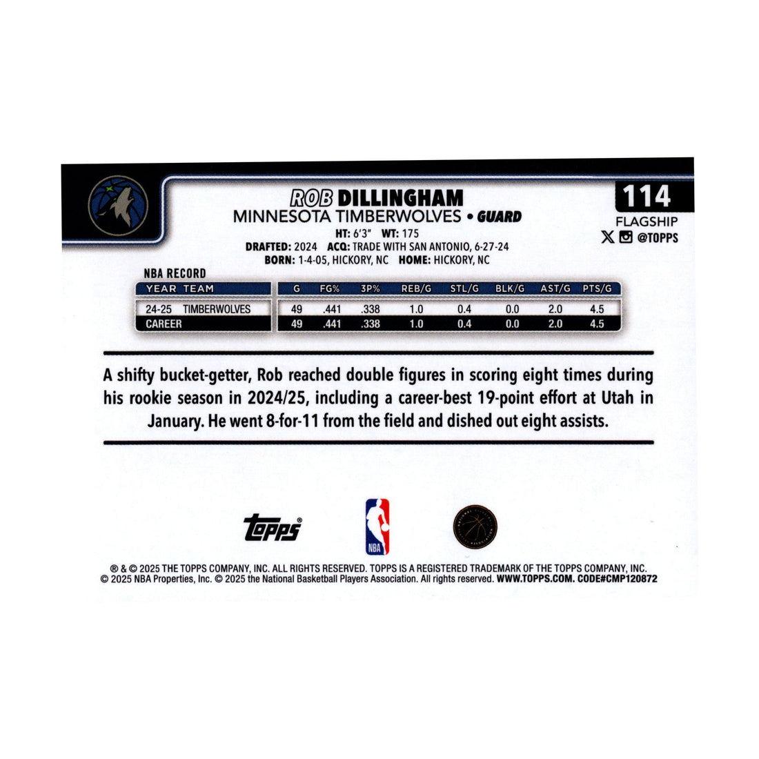 Rob Dillingham 2025-26 Topps Basketball #114 Minnesota Timberwolves NBA - front