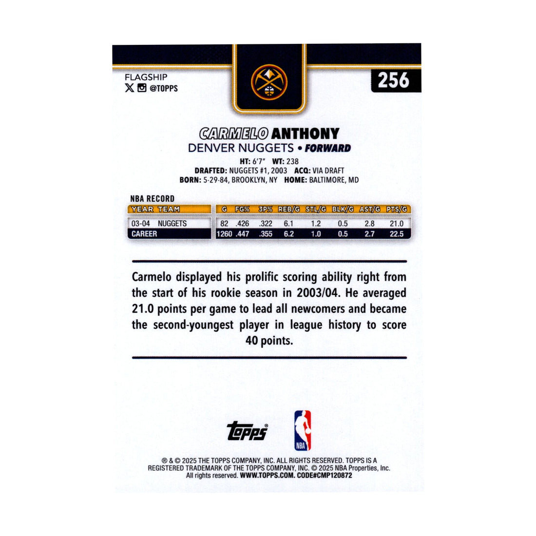 Carmelo Anthony 2025-26 Topps Basketball #256 Nuggets NBA Basketball Card - front