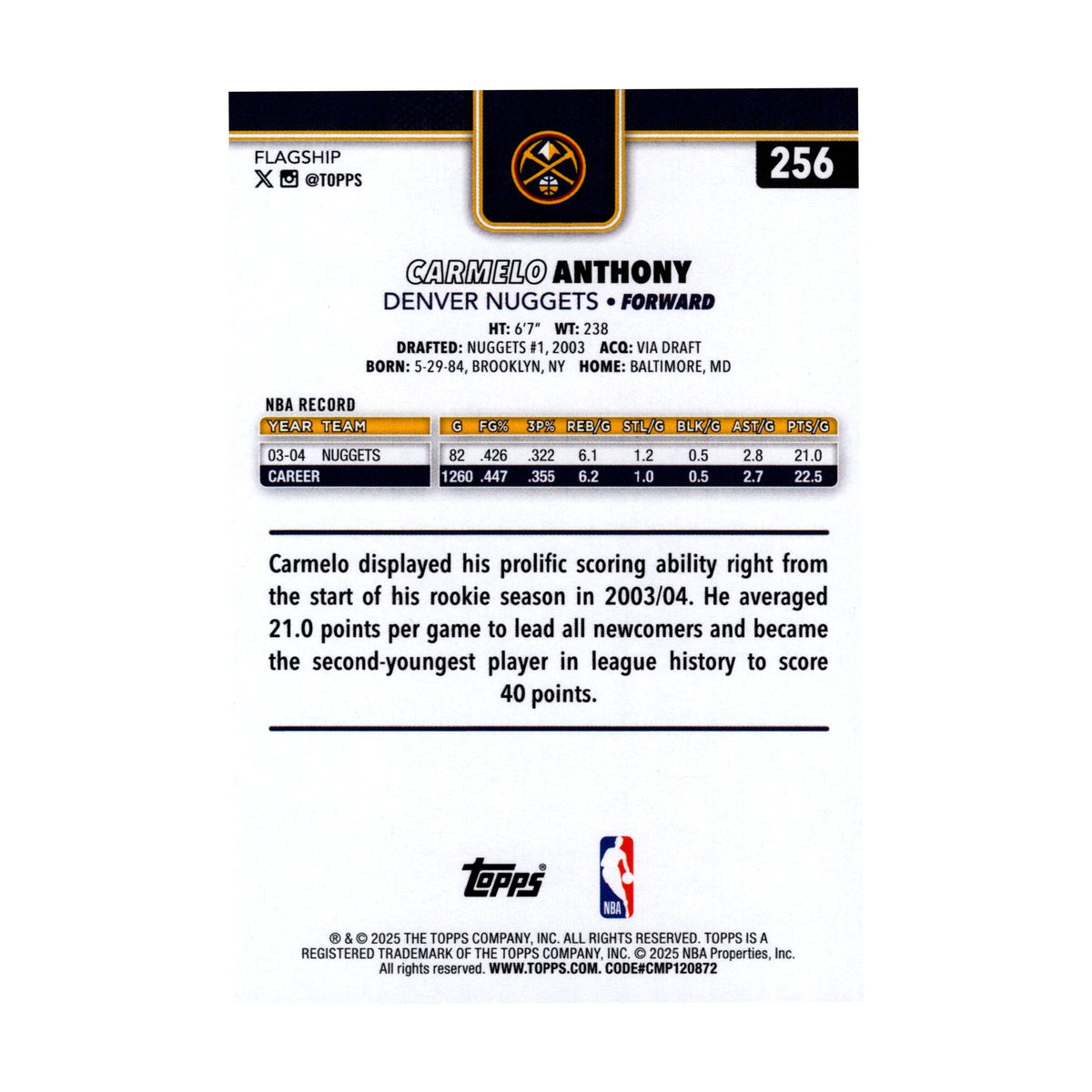 Carmelo Anthony 2025-26 Topps Basketball #256 Nuggets NBA Basketball Card - back