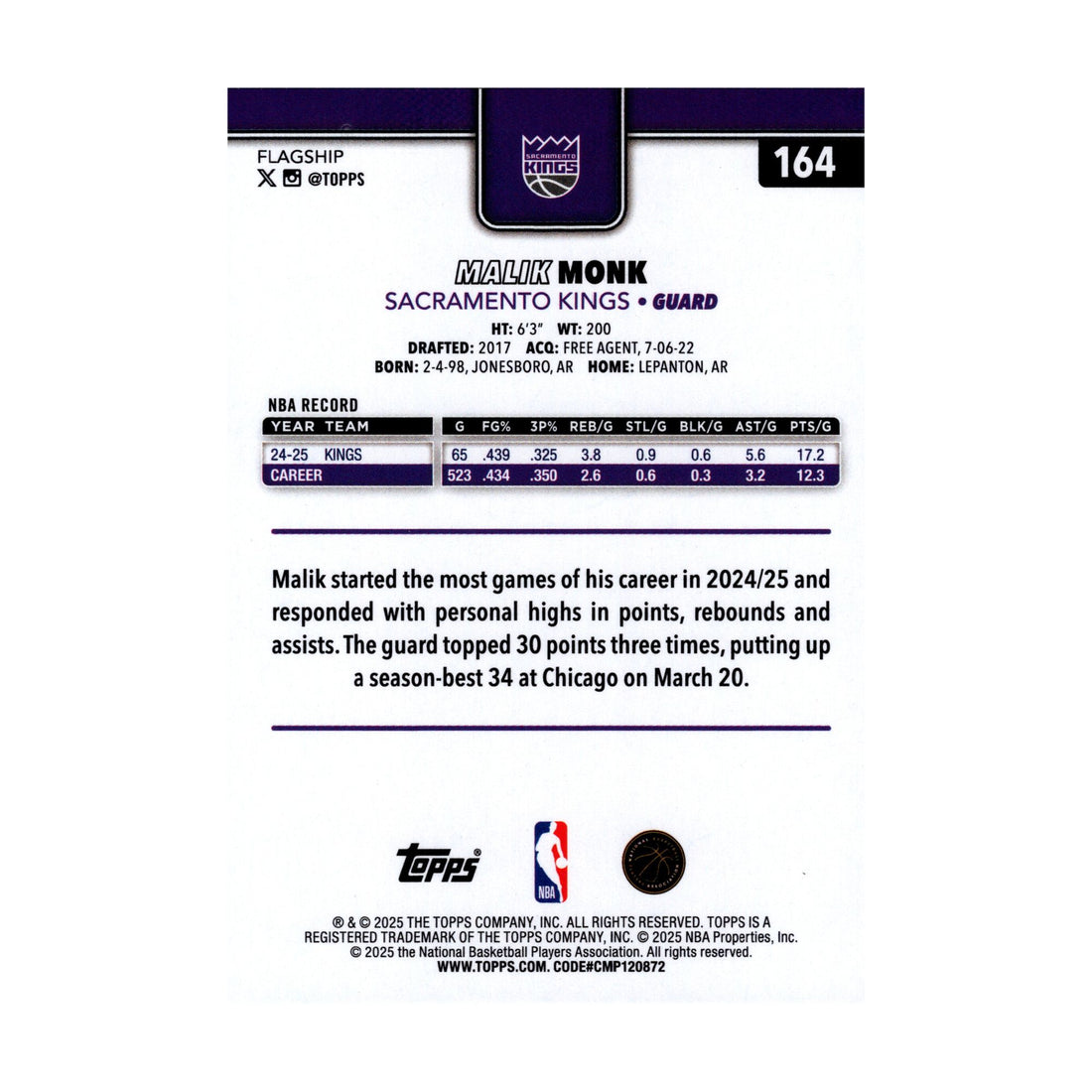 Malik Monk 2025-26 Topps Basketball #164 Sacramento Kings NBA Basketball - front