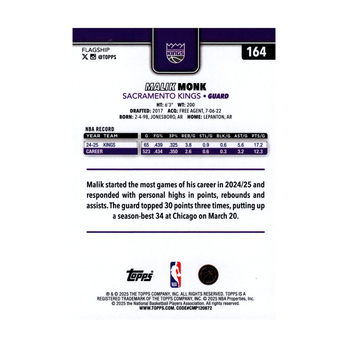 Malik Monk 2025-26 Topps Basketball #164 Sacramento Kings NBA Basketball - back