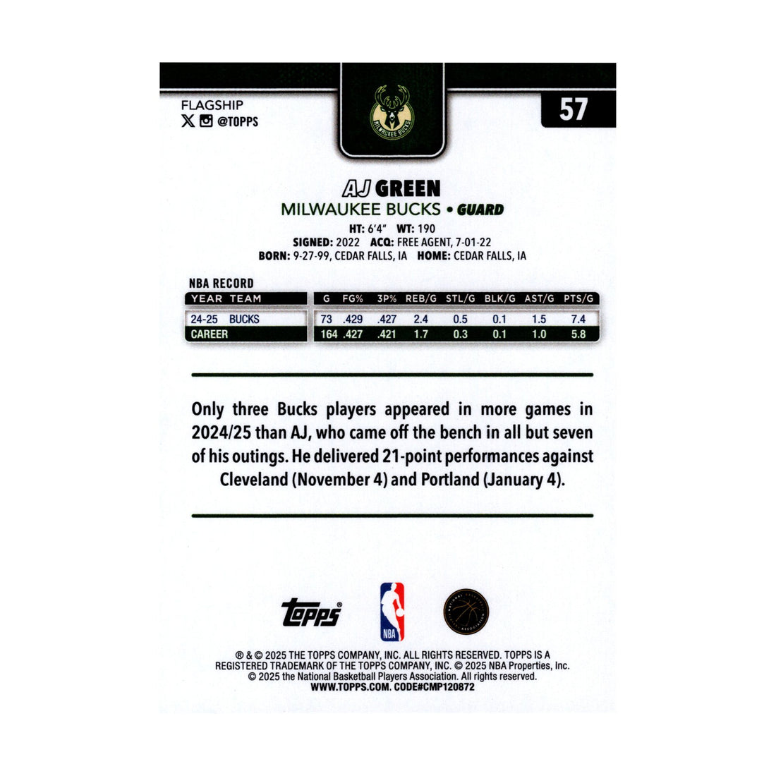 AJ Green 2025-26 Topps Basketball #57 Milwaukee Bucks NBA Basketball Card - front