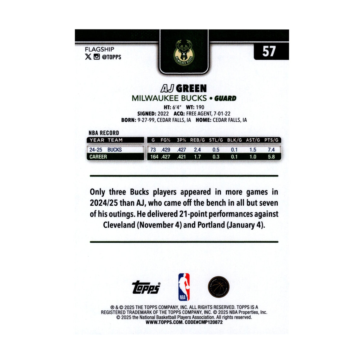 AJ Green 2025-26 Topps Basketball #57 Milwaukee Bucks NBA Basketball Card - back