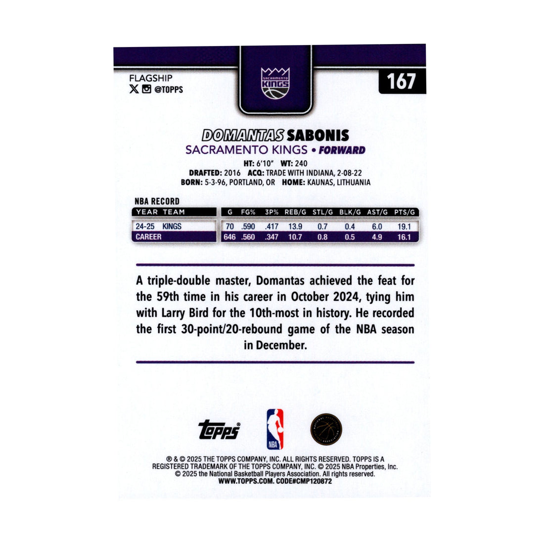Domantas Sabonis 2025-26 Topps Basketball #167 Kings NBA Basketball Card - front