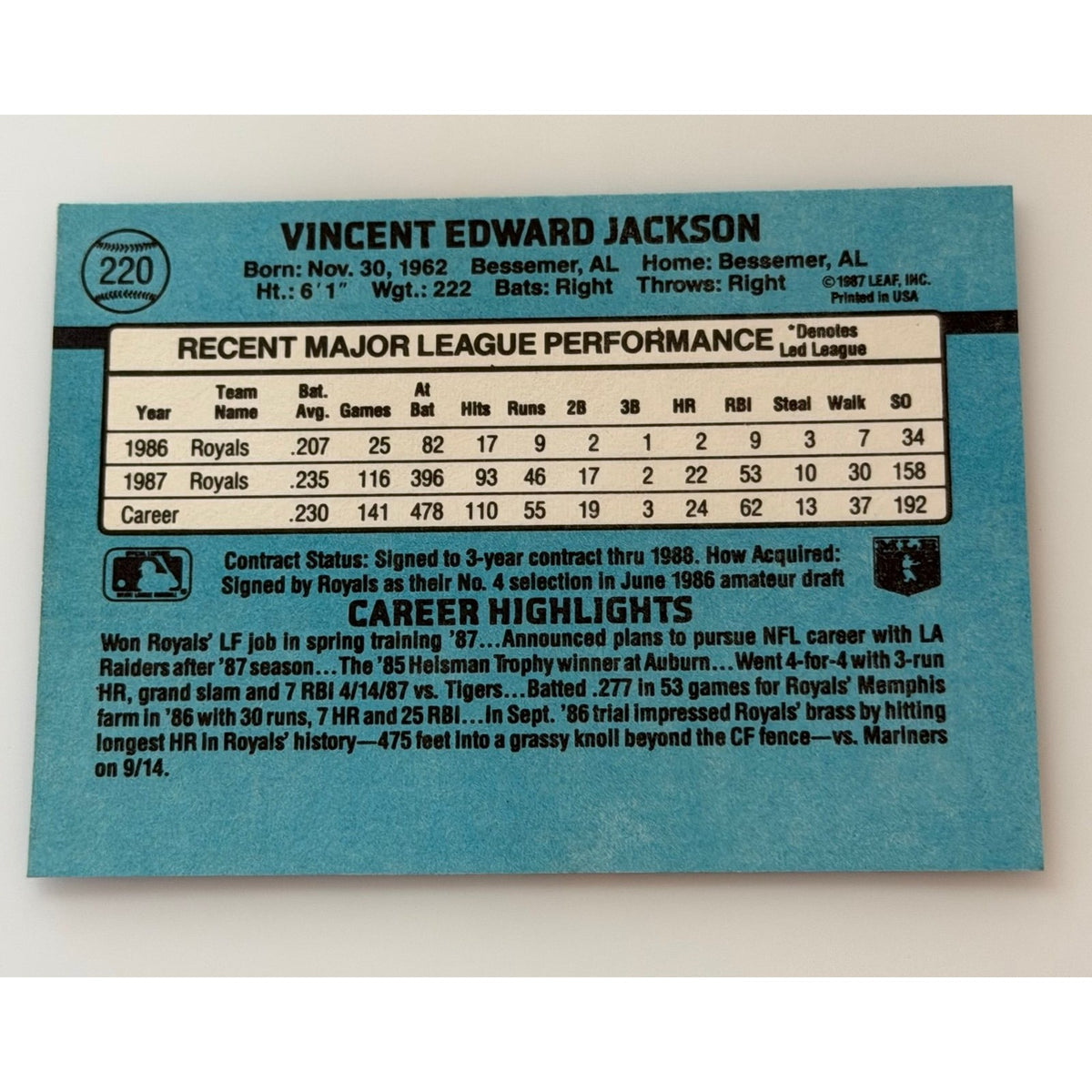 1988 Donruss Bo Jackson #220 Kansas City Royals baseball card, back