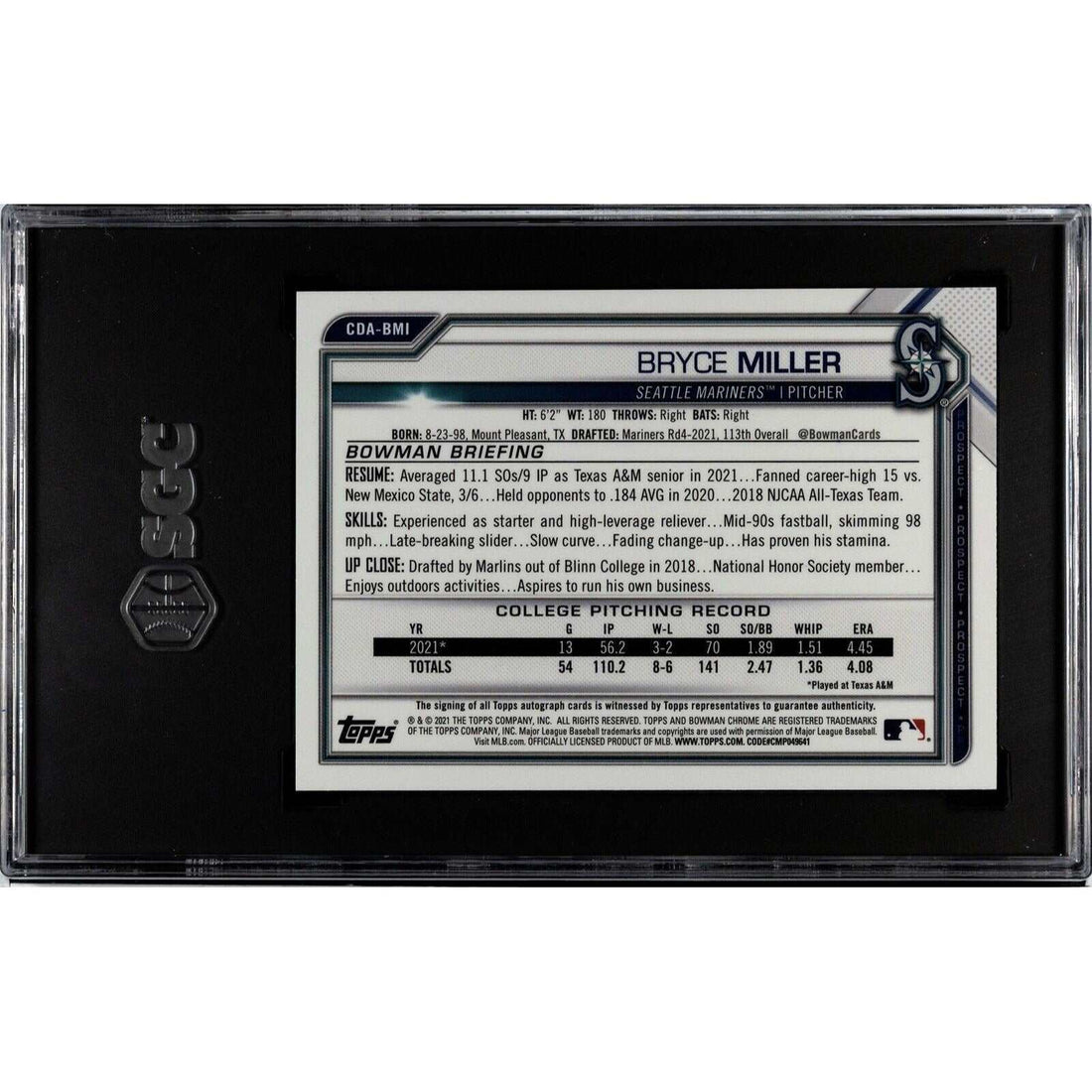 2021 Bowman Chrome Bryce Miller autographed rookie card graded 9.5 with Mariners pitcher image