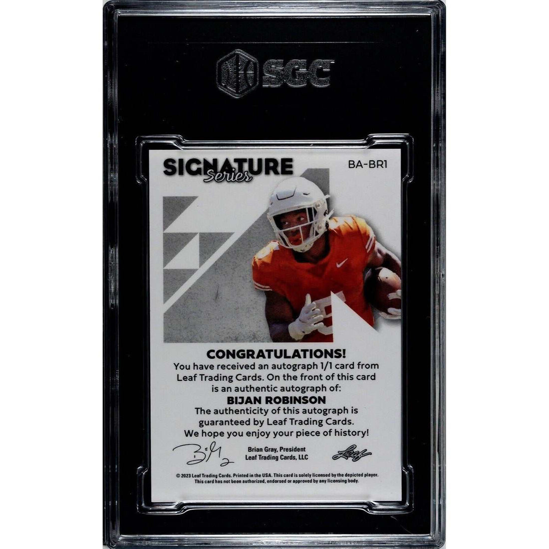 2023 Leaf Signature Series Bijan Robinson 1/1 autographed rookie card in orange, graded SGC 9.5