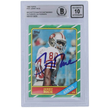 1986 Topps Jerry Rice rookie football card autographed with BGS 10 grading in protective case