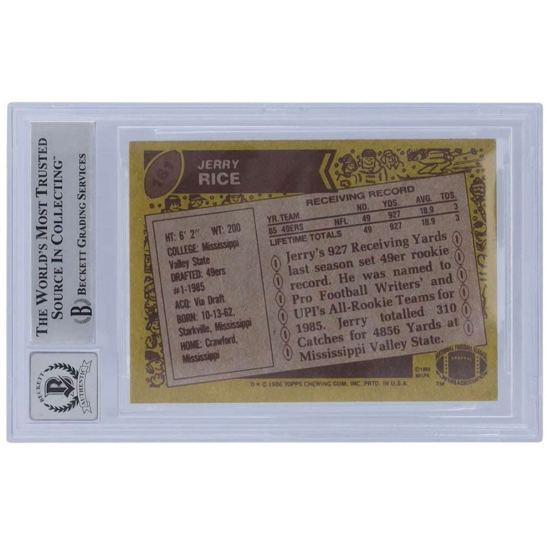 1986 Topps Jerry Rice rookie card with BGS 10 authenticated autograph in protective case