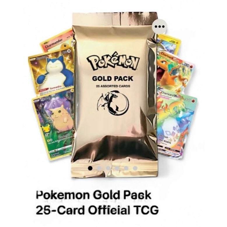 Sealed Pokémon Gold Pack with 25 assorted GX, EX, V, VMAX, VSTAR holo cards mystery lot