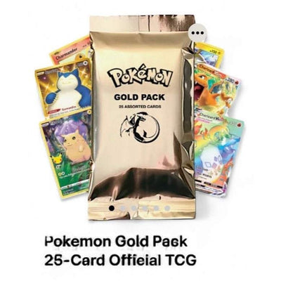Sealed Pokémon Gold Pack with 25 assorted official TCG cards including GX, EX, V, VMAX, VSTAR, holo, and rare cards