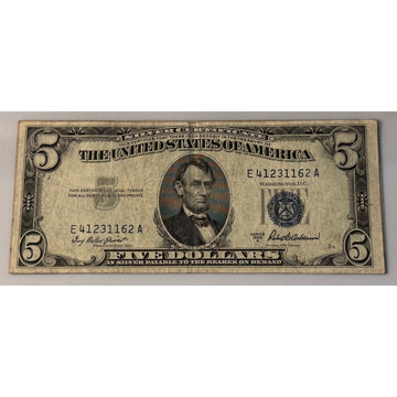 *1953**! A $5 Silver Certificate Blue Seal Priest Anderson Circulated US Note**!