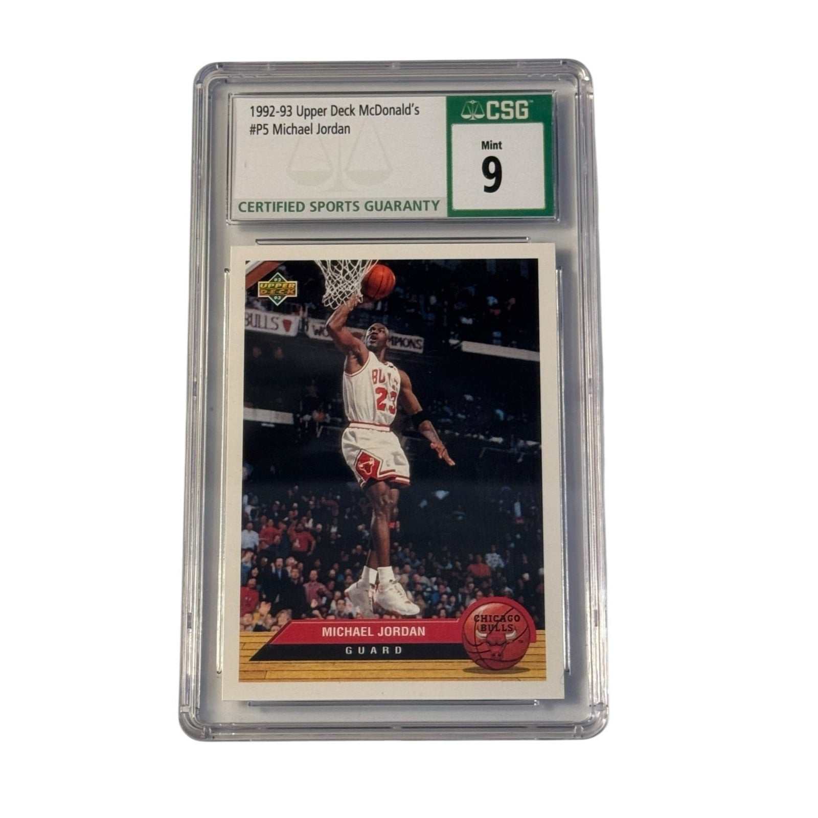 1992-93 Upper Deck McDonald’s Michael Jordan basketball card graded CSG 9 Mint showing Jordan dunking for Chicago Bulls