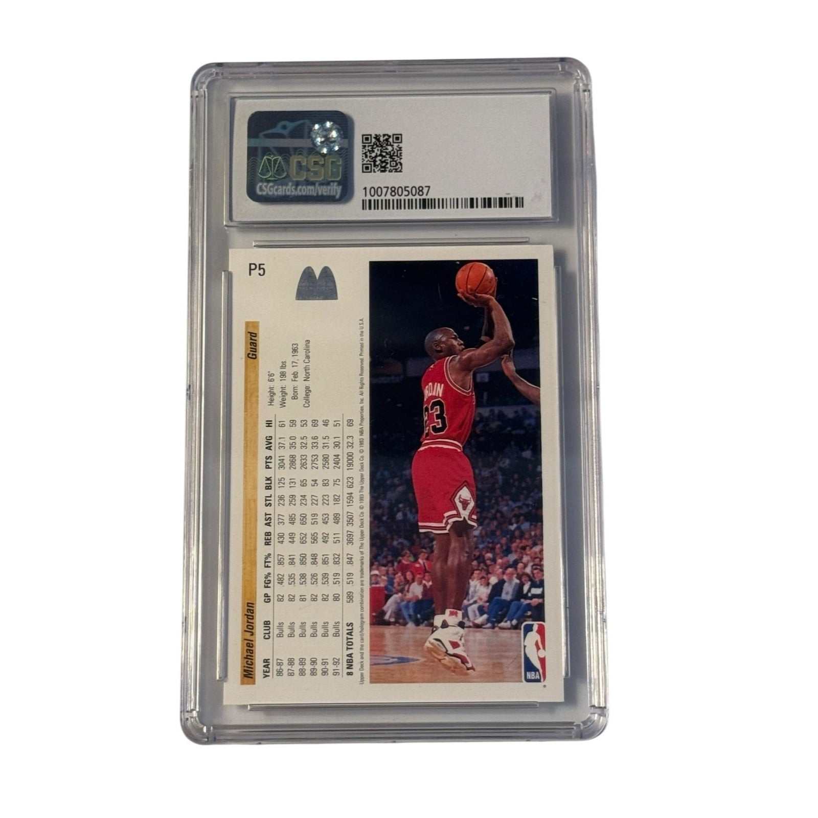 1992-93 Upper Deck McDonalds Michael Jordan P5 card graded CSG 9 Mint in protective case with high-action dunk image