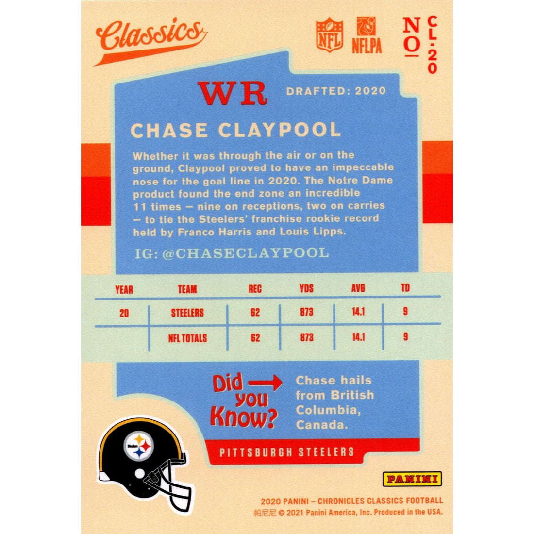 2020 Panini Chronicles Chase Claypool RC Steelers Classics CL-20 NFL Rookie