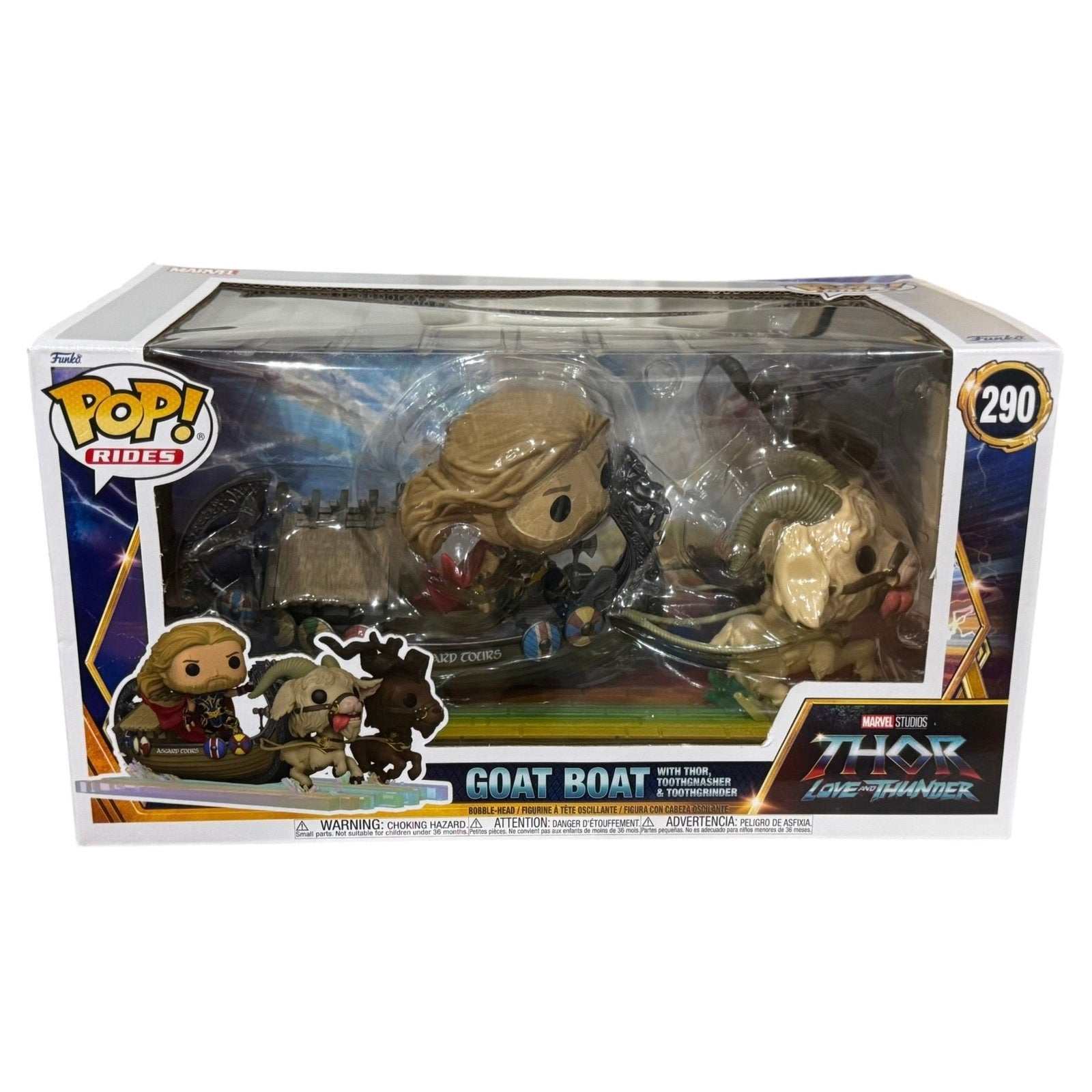 Funko Pop Rides Thor Love and Thunder Goat Boat collectible with Toothgnasher and Toothgrinder in window box packaging