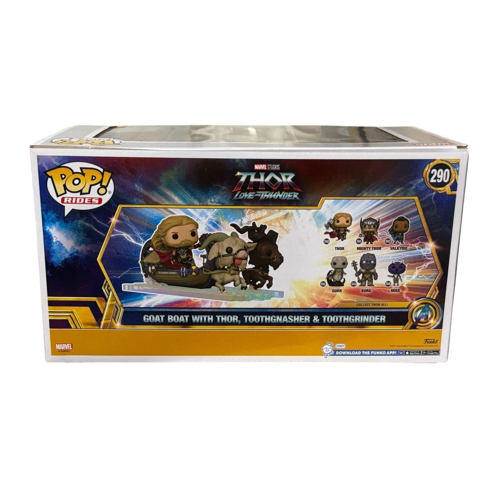 Funko Pop Rides Thor Love and Thunder Goat Boat with Toothgnasher and Toothgrinder collectible figure box