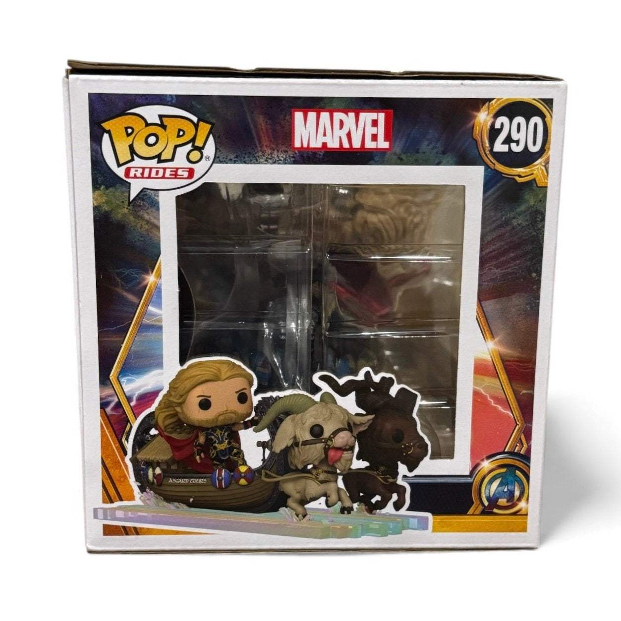 Funko Pop Rides Thor Love and Thunder Goat Boat with Toothgnasher and Toothgrinder collectible figure in window box packaging