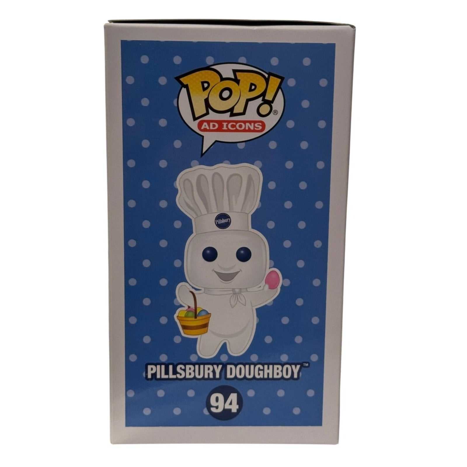 Pillsbury Doughboy Funko Pop 94 Limited Edition vinyl figure in box with Easter basket and polka dot background