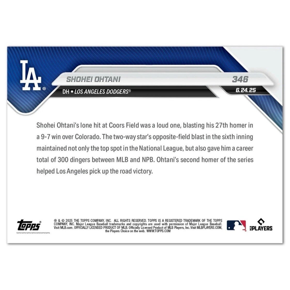 Shohei Ohtani Topps NOW Shohei Ohtani 2025 Topps NOW 346 MLB & Japan LA Dodgers 300 Career HR Mark