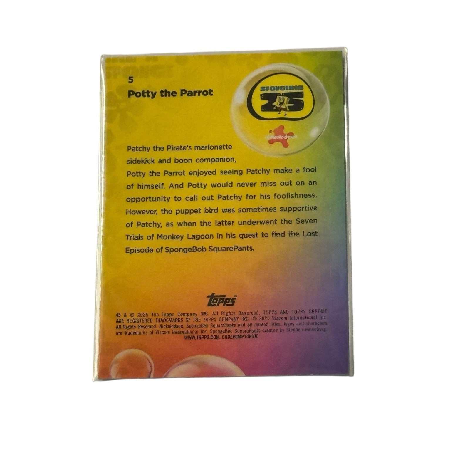 Topps Chrome SpongeBob 25th Anniversary Potty the Parrot #5 trading card back view with character text