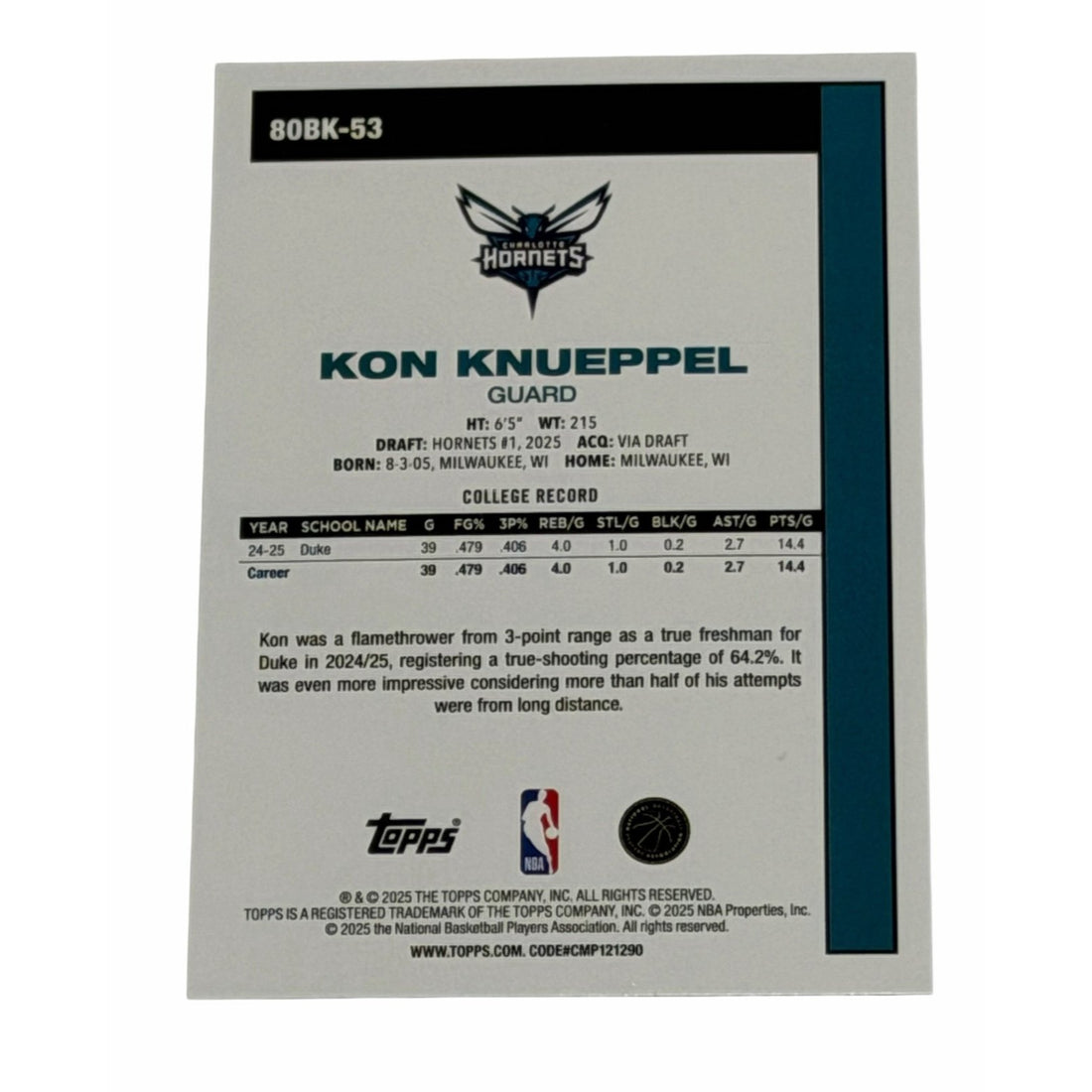 Kon Knueppel Topps Kon Knueppel RC 2025 Topps 45th Anniversary 80BK-53 NBA Charlotte Hornets