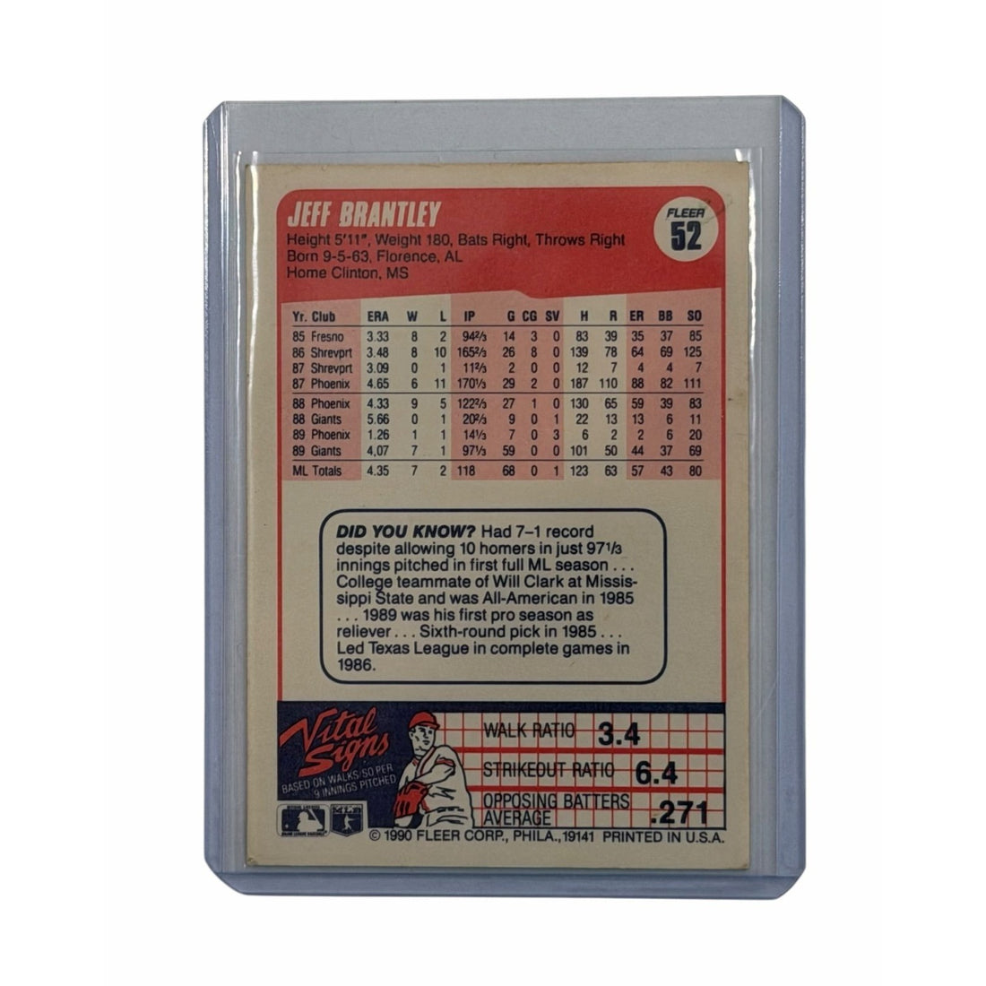 Jeff Brantley 1990 Fleer #52 Signed Auto MLB San Francisco Giants