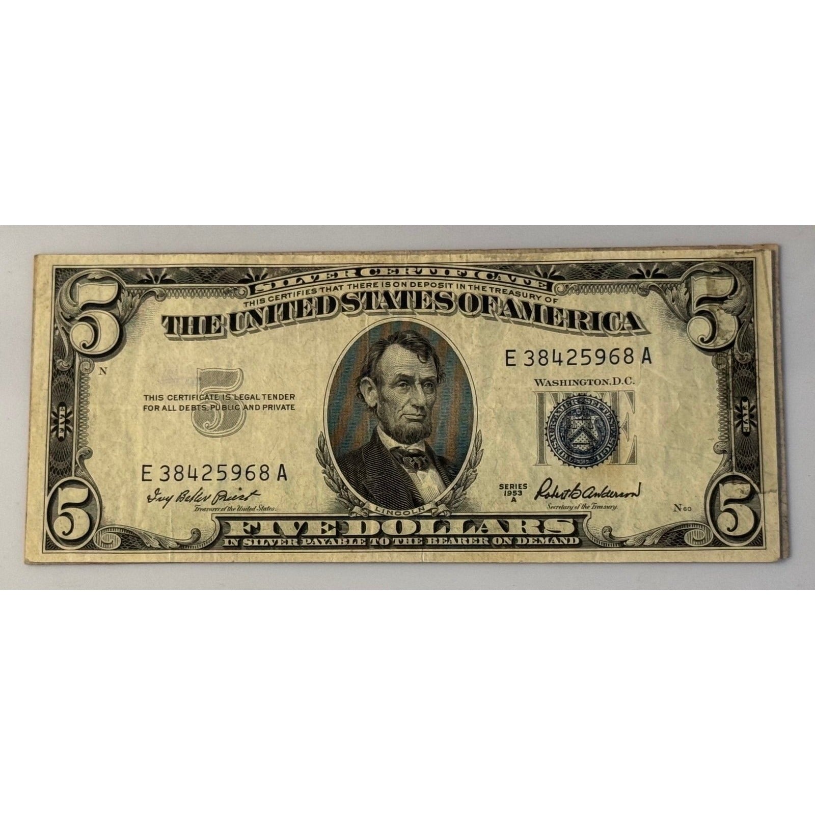 **!1953* A $5 Silver Certificate Blue Seal Priest Anderson Circulated US Note**!