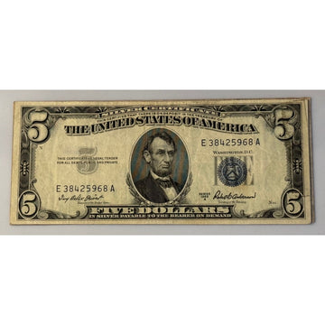 **!1953* A $5 Silver Certificate Blue Seal Priest Anderson Circulated US Note**!