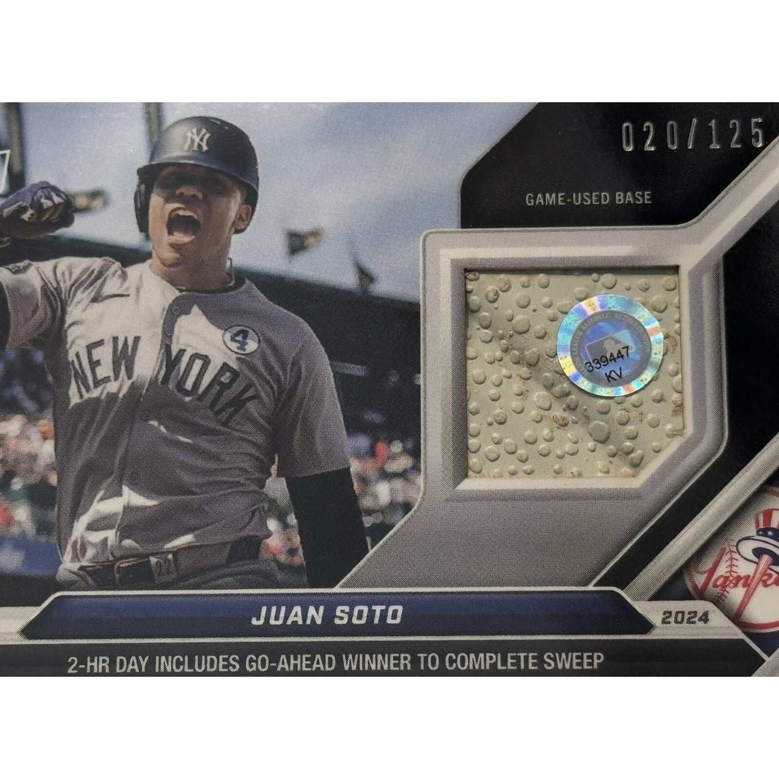 20/125 Juan Soto 2024 Topps NOW game-used base relic baseball card Yankees
