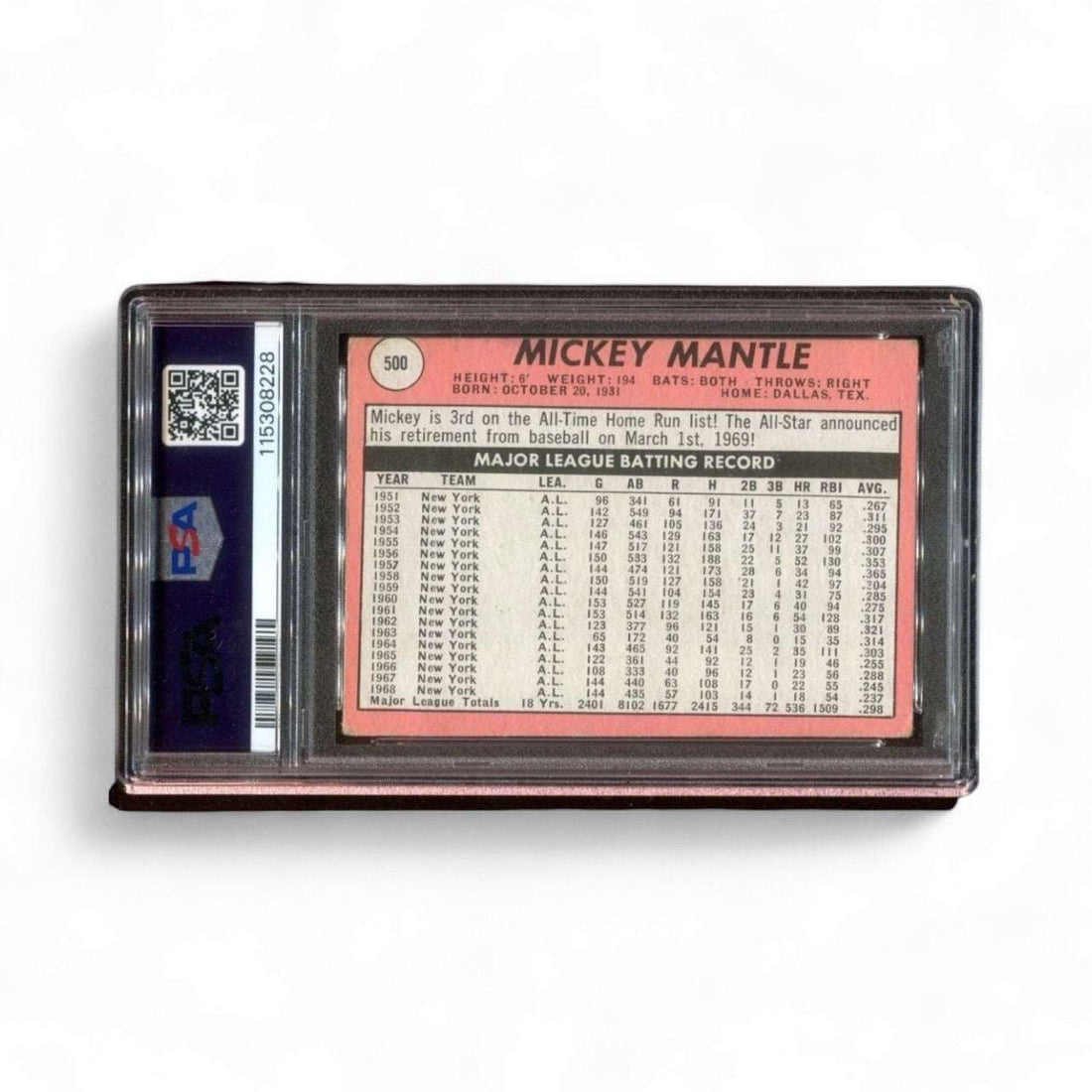 1969 Topps Mickey Mantle Last Name WHITE baseball card PSA GOOD 2MC Yankees MLB HOF