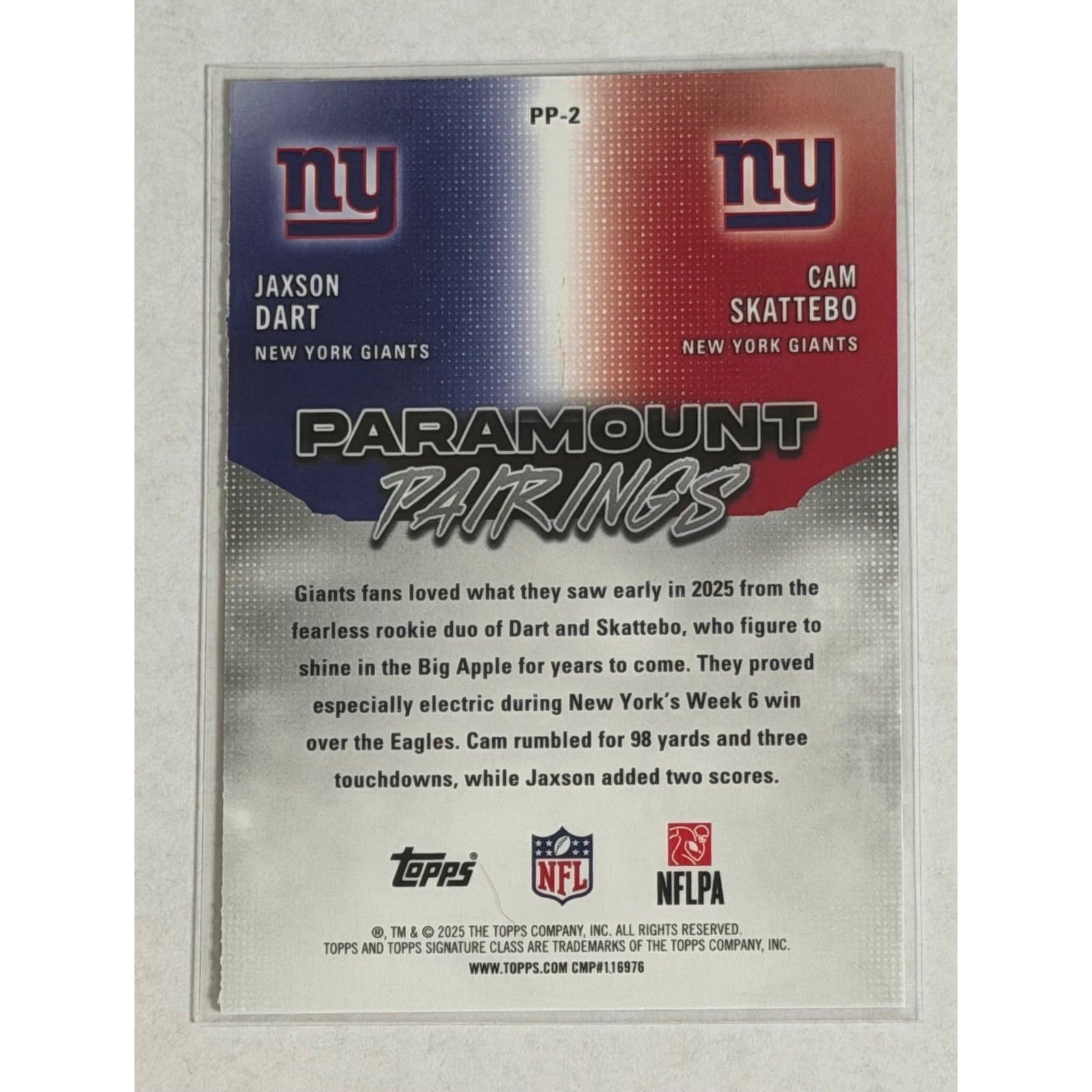 Jaxson Dart Topps Jaxson Dart RC / Cam Skattebo RC 2025 Topps Signature Class Pairings NFL Giants