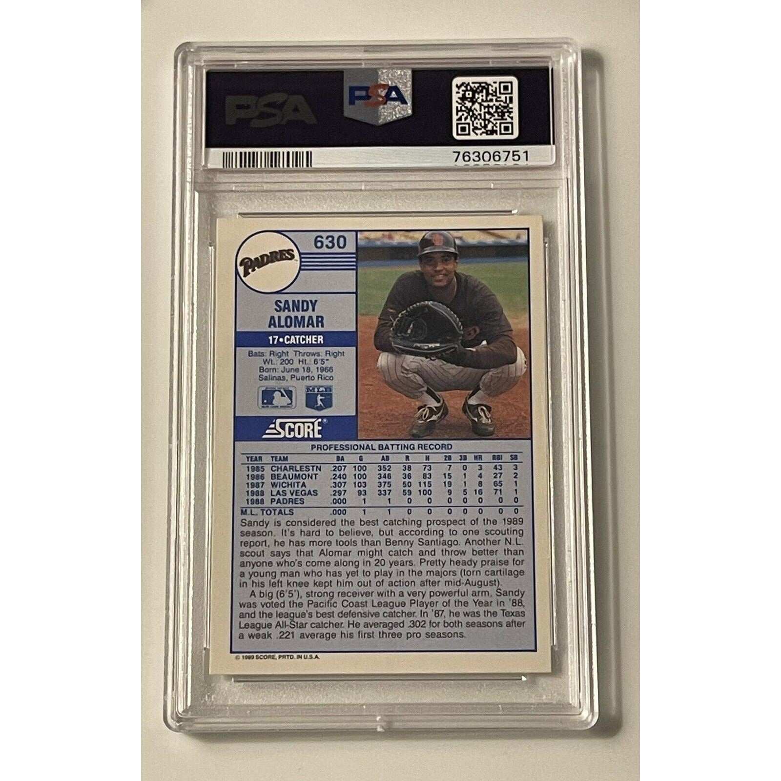 1989 Score Sandy Alomar Jr. rookie card #630 PSA 7 San Diego Padres MLB vintage collectible