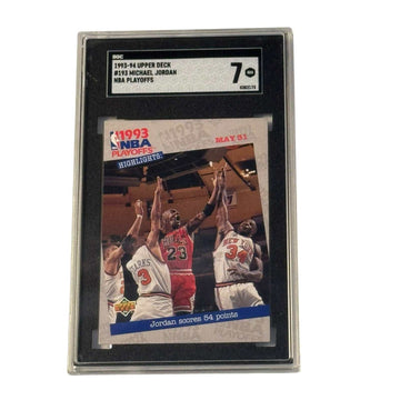 1993-94 Upper Deck Michael Jordan NBA Playoffs Highlights #193 graded SGC 7 card showing Jordan scoring 54 points against Knicks