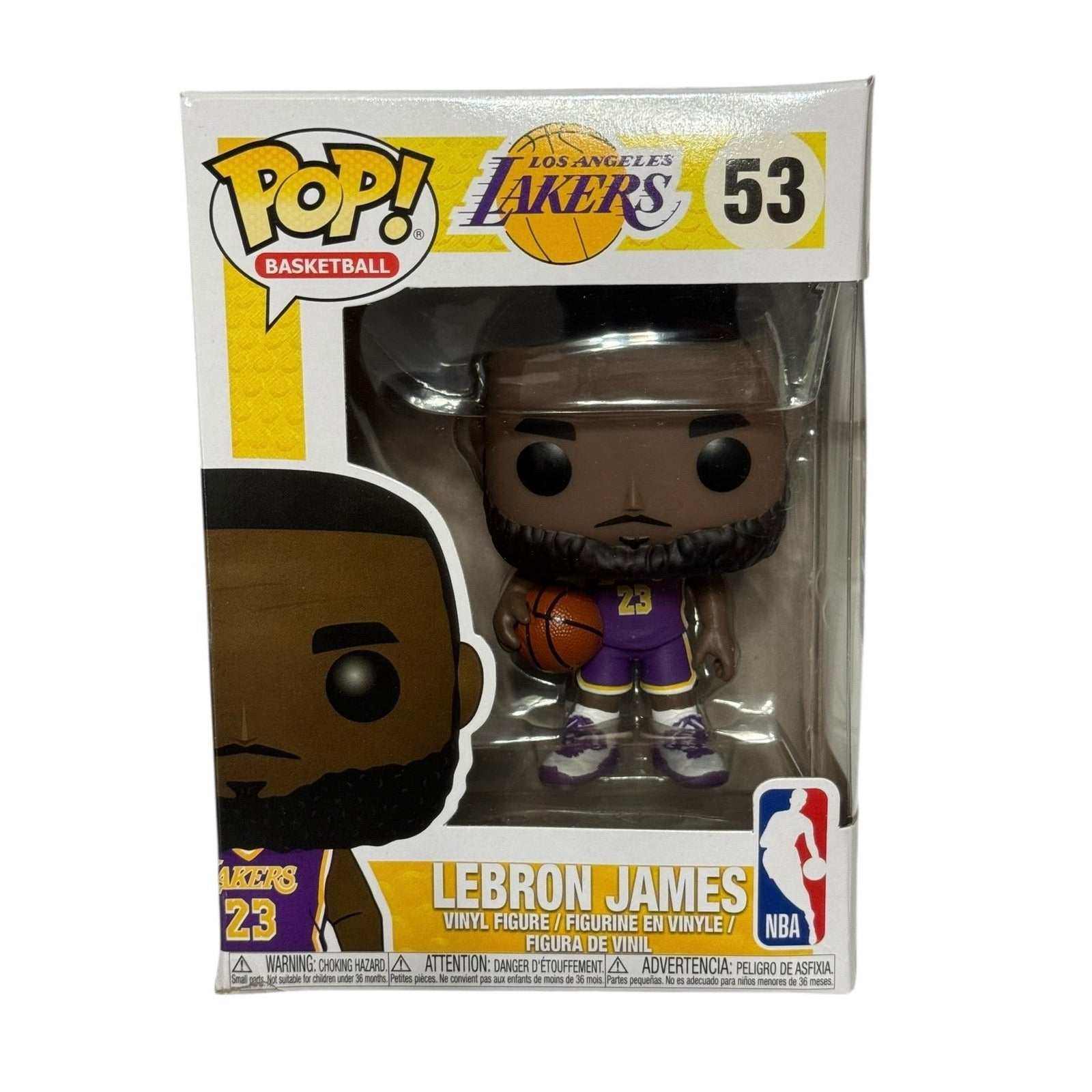 LeBron James Funko Pop figure in Lakers purple jersey, NBA basketball collectible number 53 in box with shelf wear