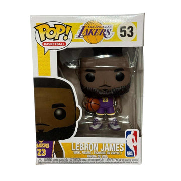 LeBron James Funko Pop figure in Lakers purple jersey, NBA basketball collectible number 53 in box with shelf wear