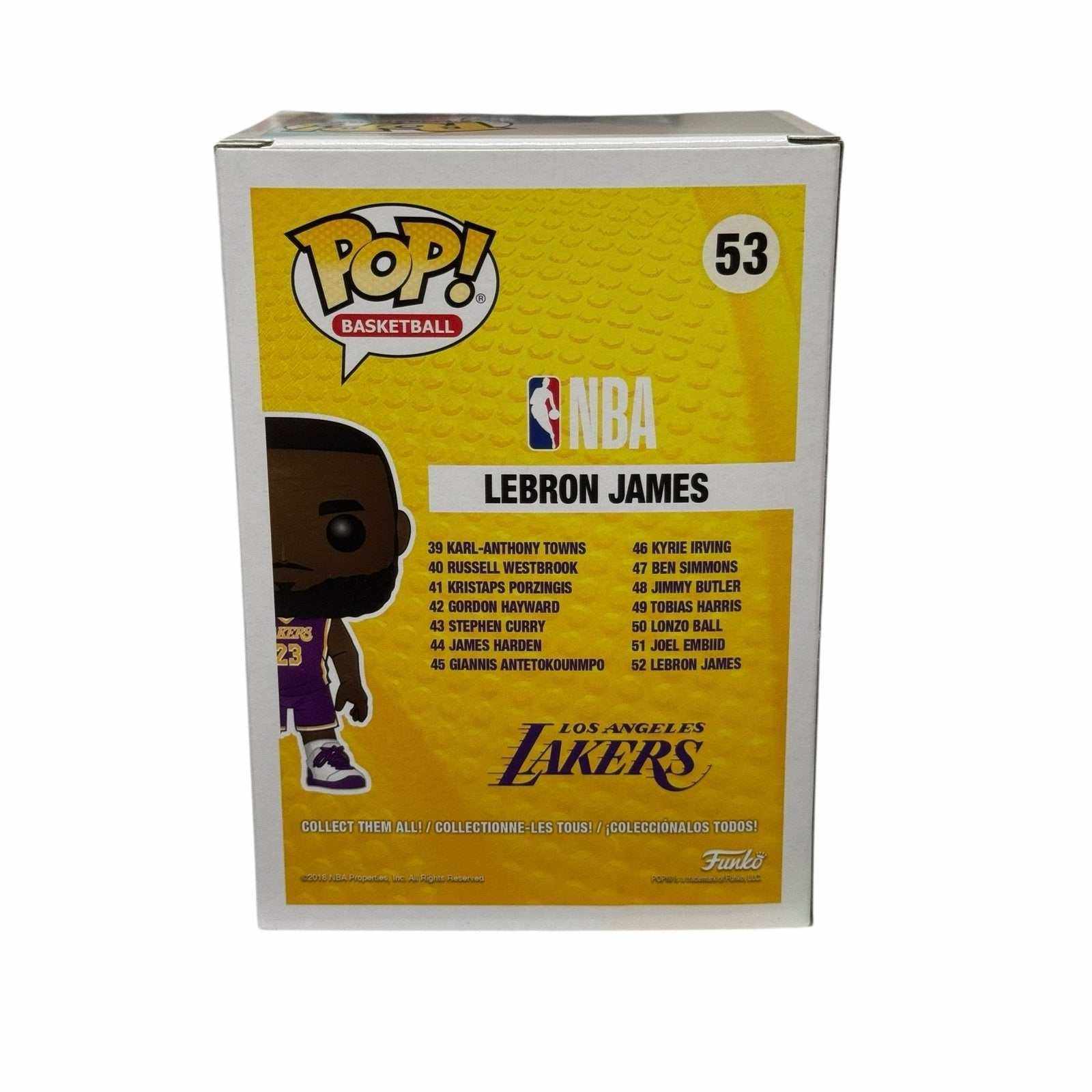 LeBron James Funko Pop NBA figure in Lakers purple jersey box back view