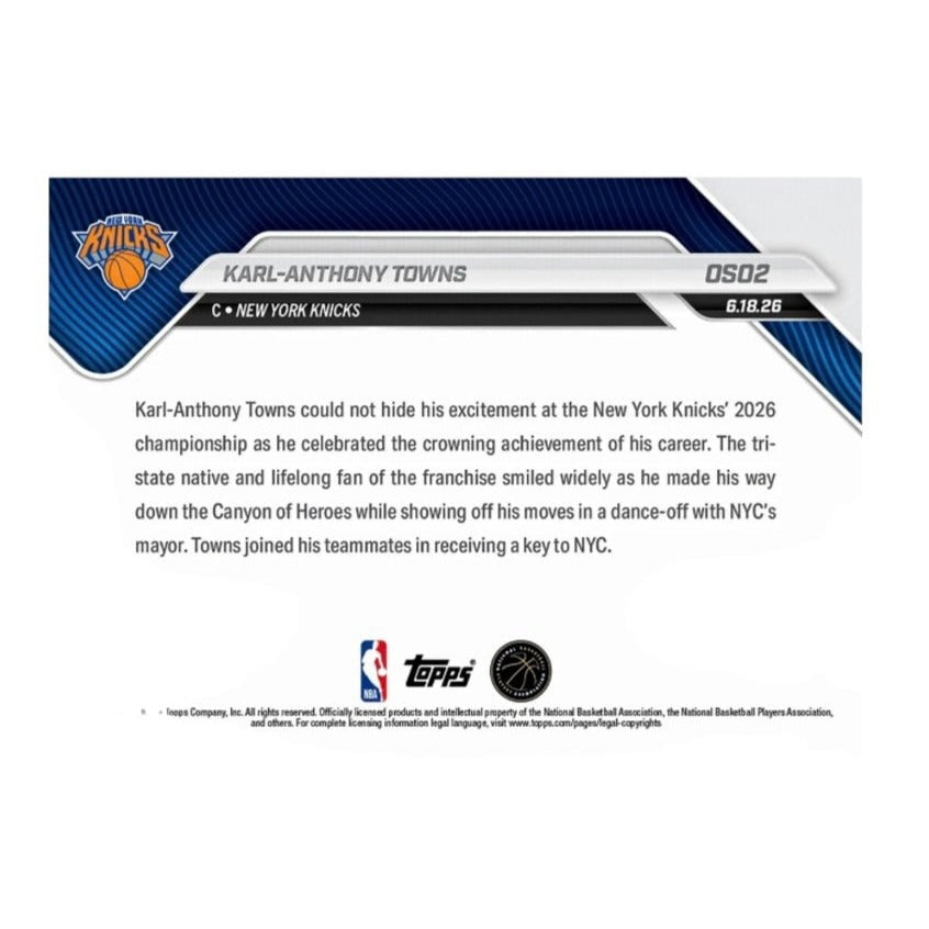 Limited PR Karl-Anthony Towns 2026 Topps NOW® OS02 NBA Champions Knicks Victory
