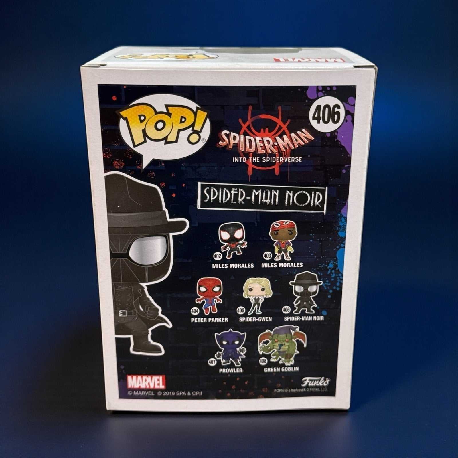 Funko Pop Spider-Man Noir #406 box back view Marvel Into the Spider-Verse collectible