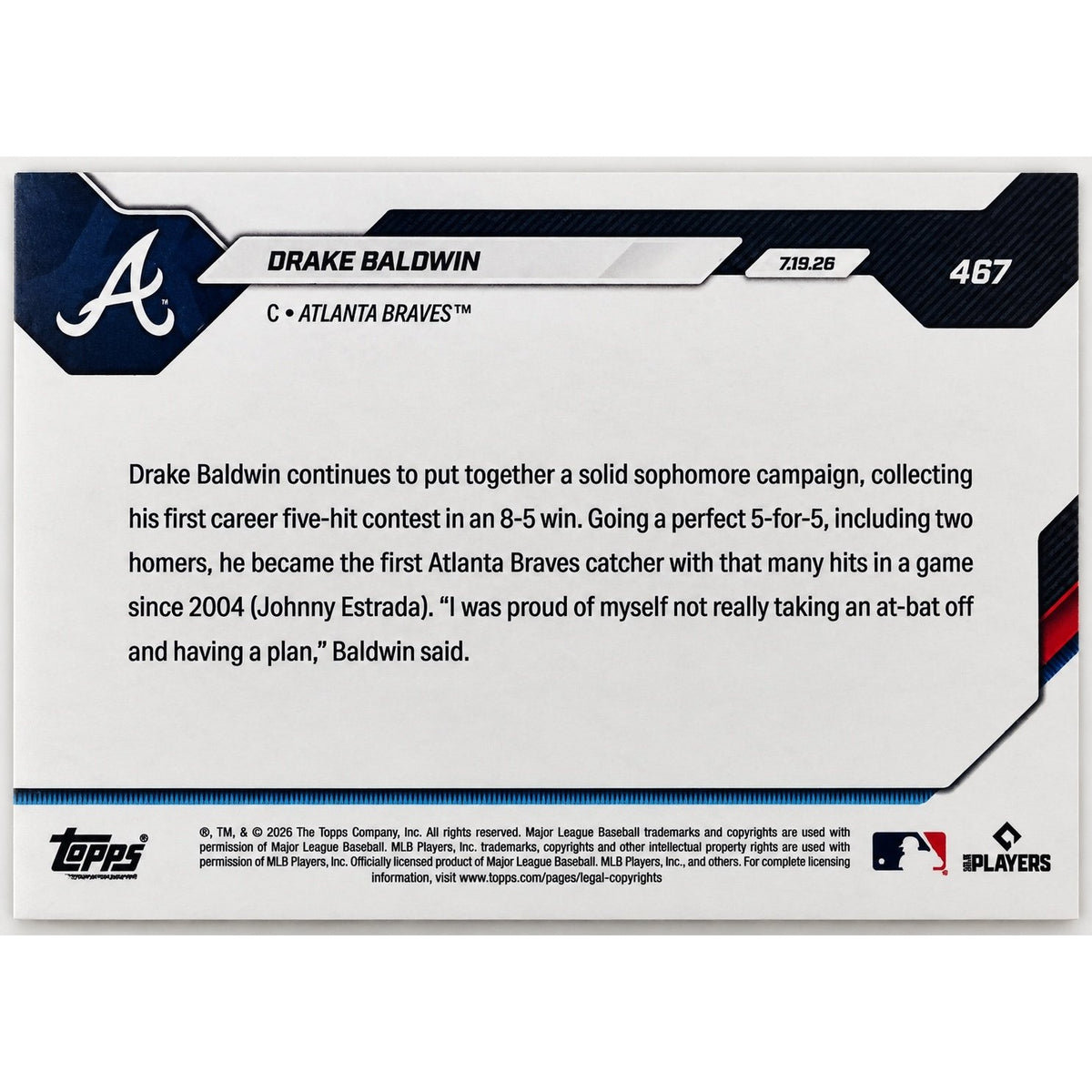 Drake Baldwin /25 2026 Topps NOW #467 Orange MLB Braves 5-Hit Game PR 910 — original photo 3