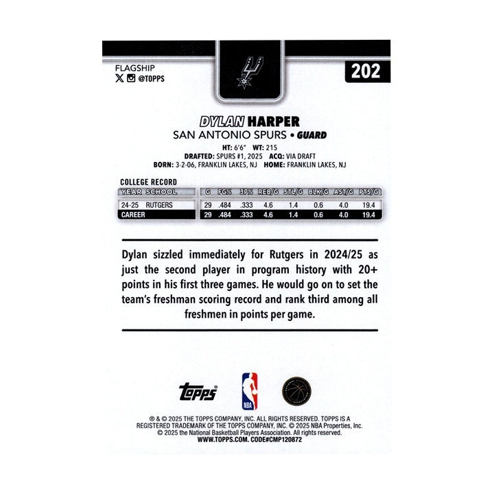 Dylan Harper 2025-26 Topps Basketball #202 San Antonio Spurs NBA Rookie