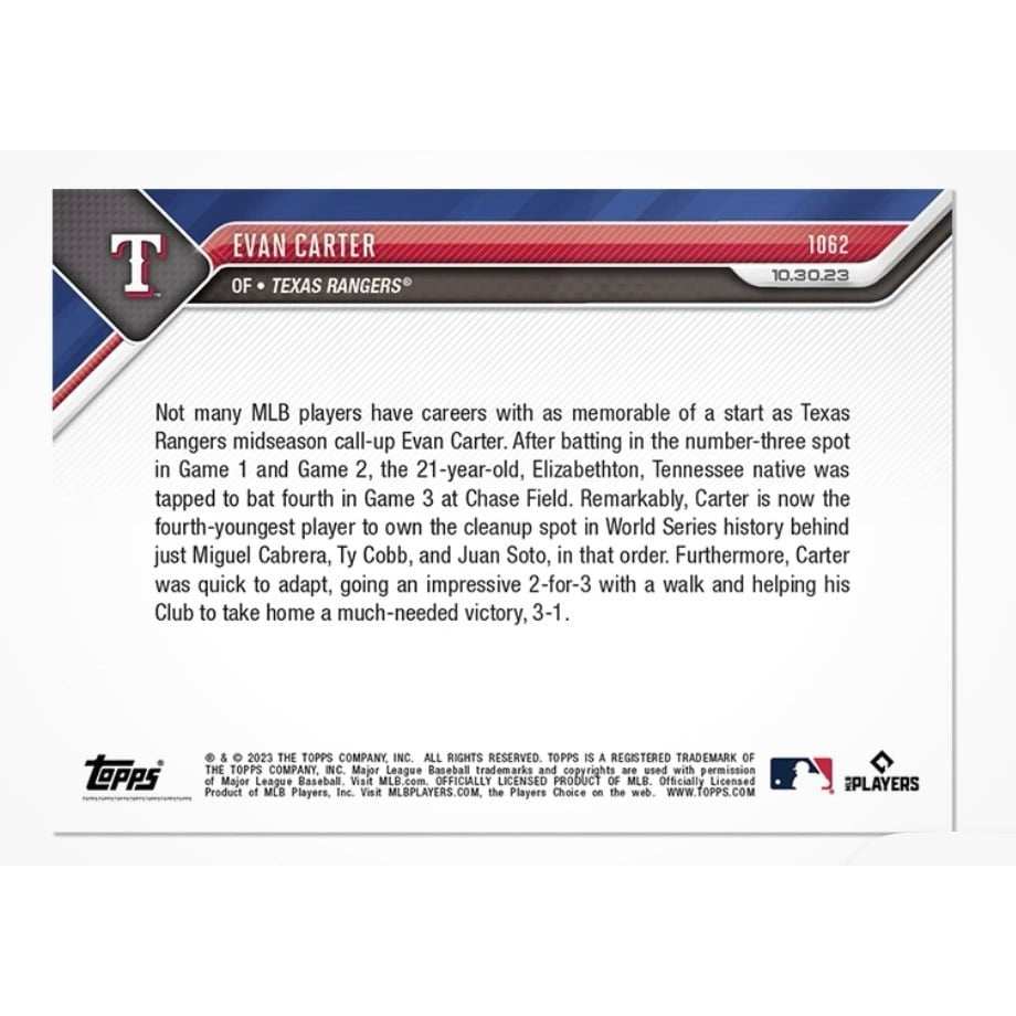 World Series 2023 Evan Carter Texas Rangers Topps NOW MLB card 1062