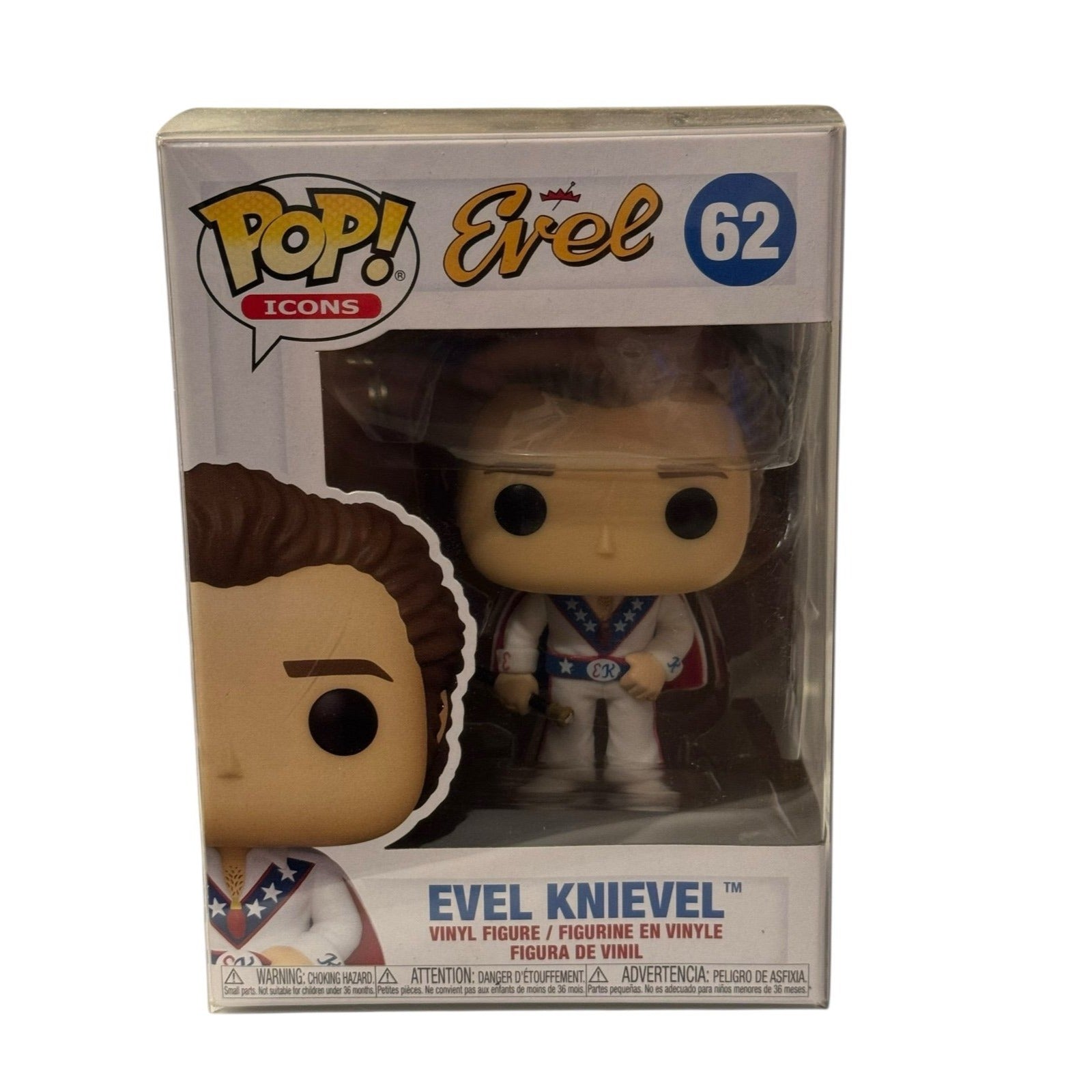 Evel Knievel Funko Pop vinyl figure in red, white, and blue jumpsuit, displayed in collector box.