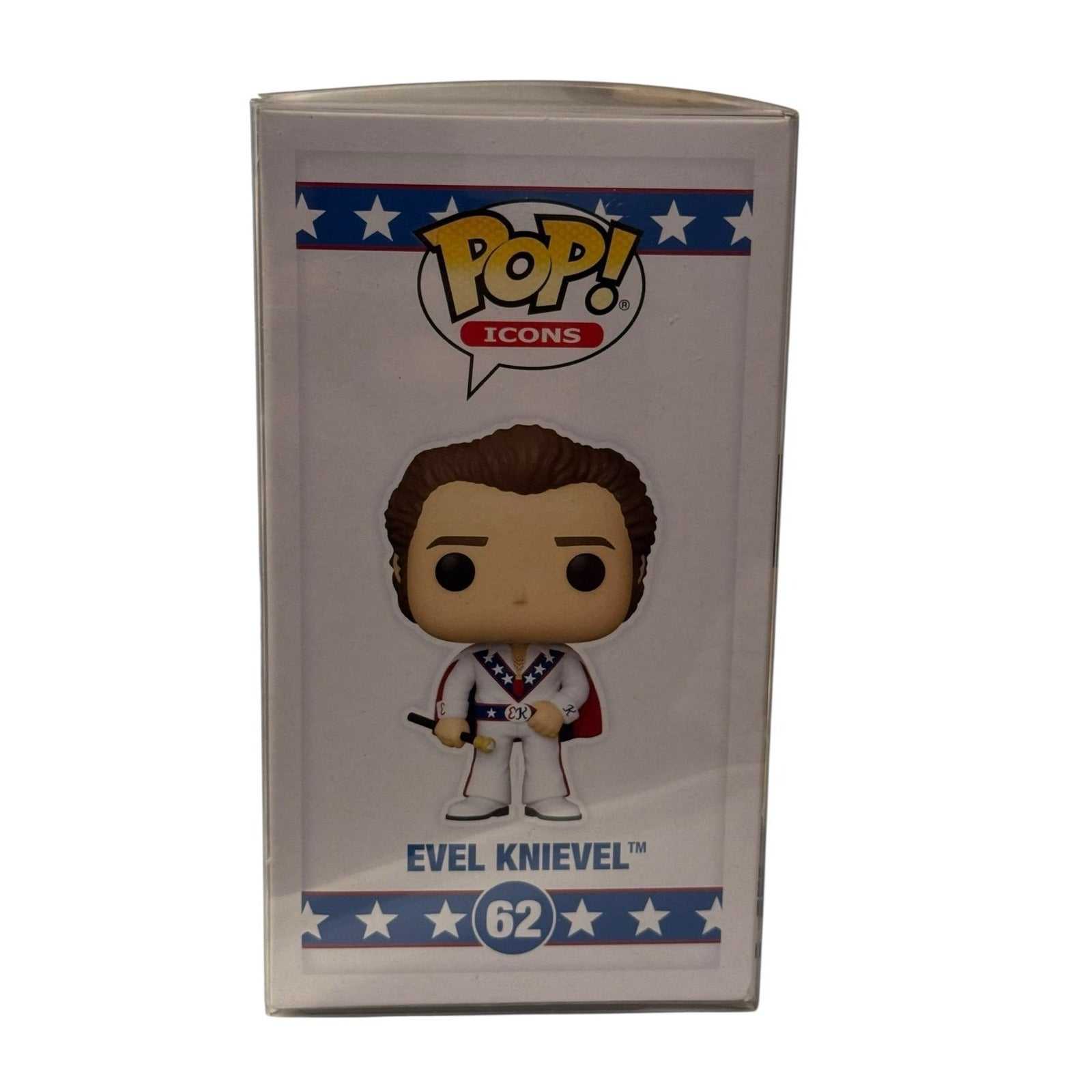 Evel Knievel Funko Pop Icons 62 vinyl figure in red, white, and blue jumpsuit collectible box