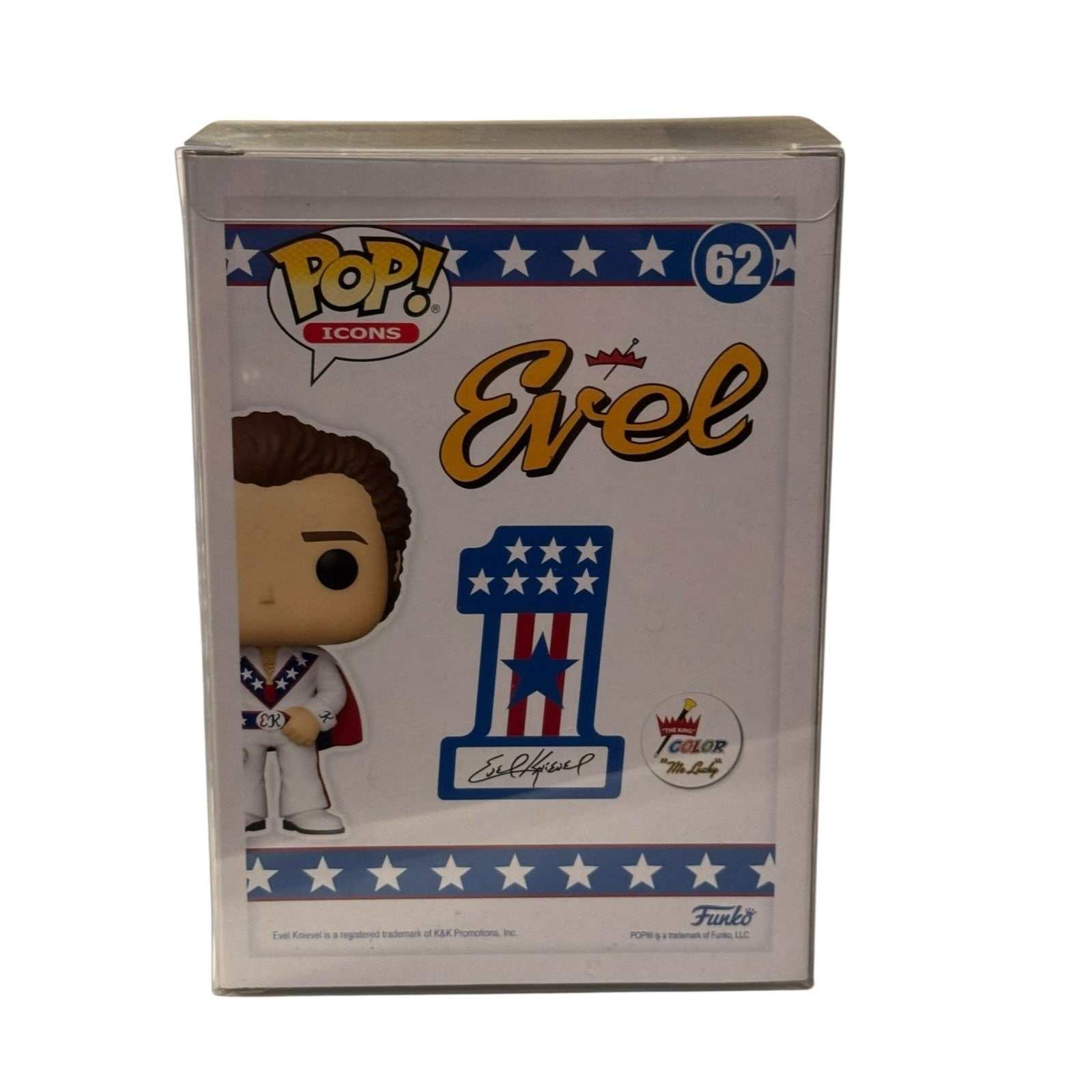 Evel Knievel Funko Pop vinyl figure in red, white, and blue jumpsuit collectible box number 62
