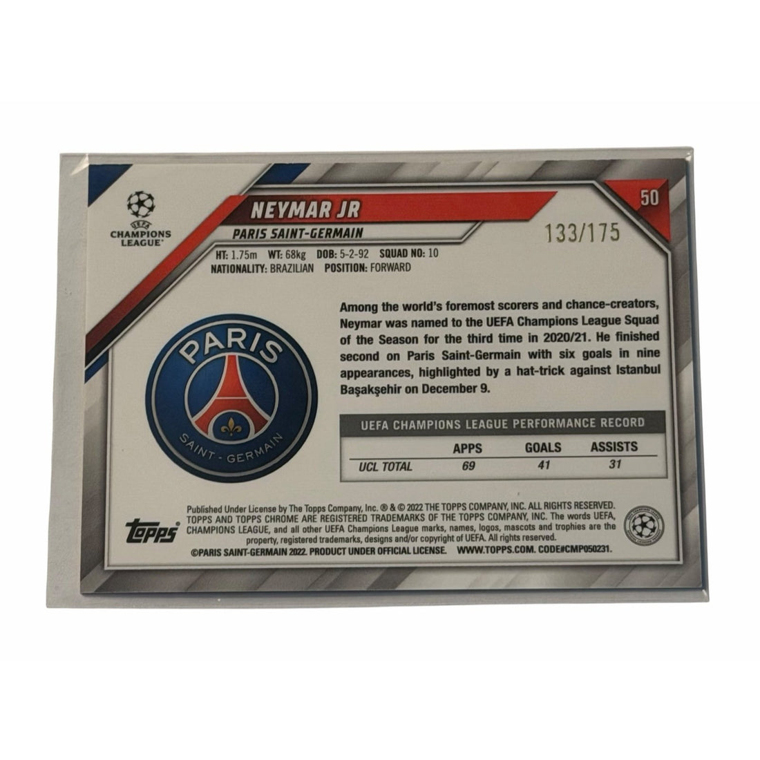 /175 Neymar Jr 2022 Topps Chrome UEFA Refractor #50 PSG Brazil Futbol Card