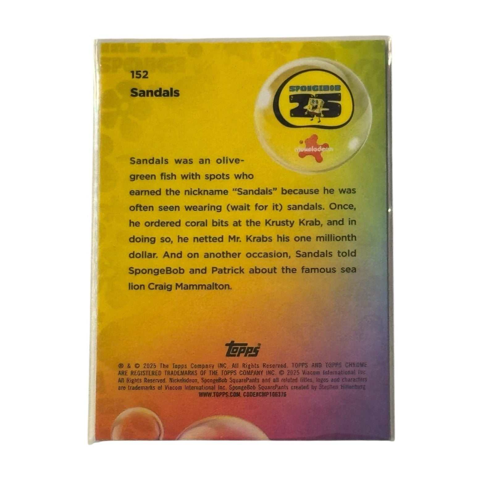 Topps Chrome SpongeBob 25th Anniversary Sandals #152 trading card back view with character info
